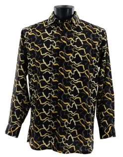 Bassiri Long Sleeve Camp Shirt - Black & Gold Squiggle Design