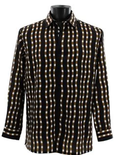 Bassiri Long Sleeve Camp Shirt - Brown & Black Block And Line Design