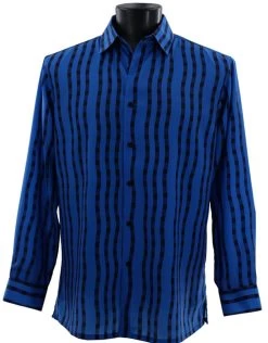 Bassiri Long Sleeve Camp Shirt - Royal Blue & Black Wavy Line Design