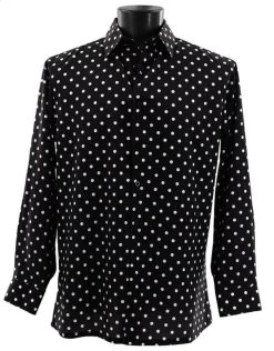 Bassiri White Polka Dot On Black Long Sleeve Camp Shirt