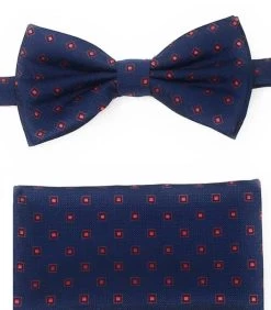 Red Squares On Navy Pre-Tied Silk Bow Tie Set
