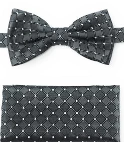 Charcoal Diamond Design Pre-Tied Silk Bow Tie Set