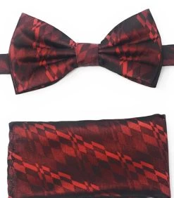 Red And Black Zig-Zags Pre-Tied Silk Bow Tie Set