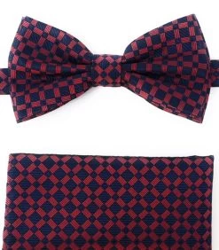 Red Windowpane On Navy Pre-Tied Silk Bow Tie Set