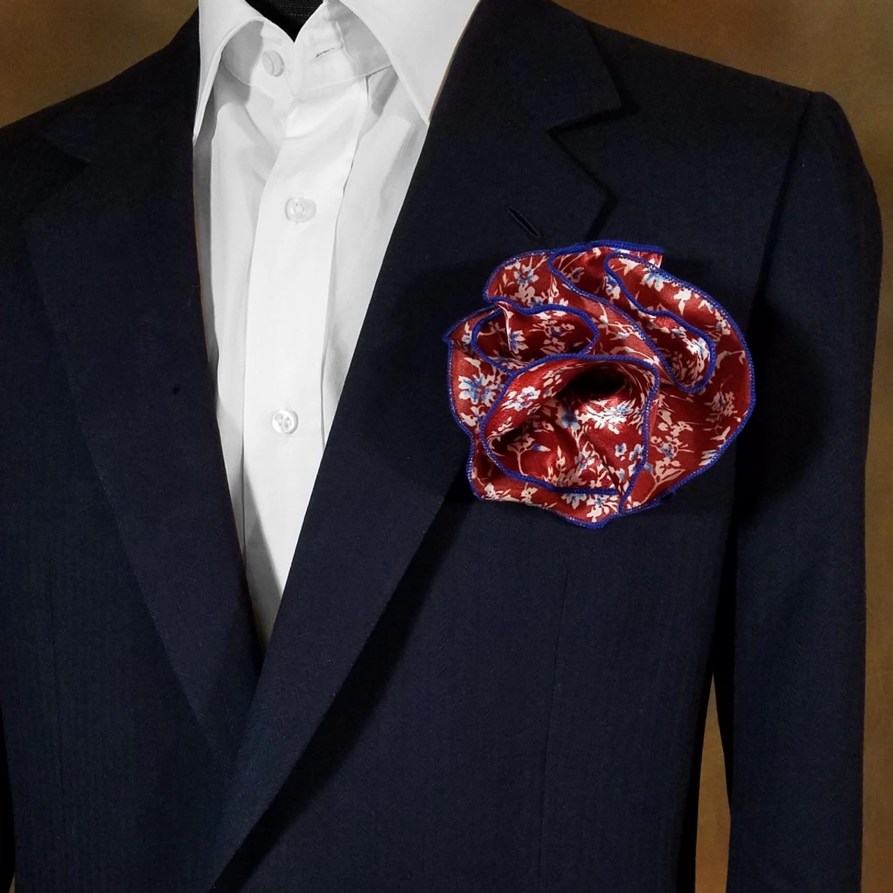 Antonio Ricci 2-in-1 Pouf Round Pocket Square - Burgundy Blue Floral 3 Antonio Ricci 2-in-1 Pouf Round Pocket Square - Burgundy Blue Floral - Image 3