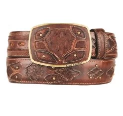 King Exotic Genuine Ostrich Quill Cut-Out Design Western Belt - Faded Brown