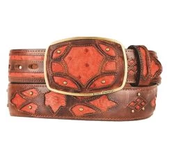 King Exotic Genuine Ostrich Quill Cut-Out Design Western Belt - Faded Cognac