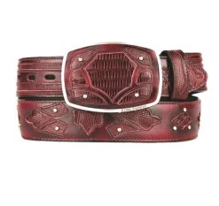 King Exotic Genuine Teju Lizard Cut-Out Design Western Belt - Faded Burgundy
