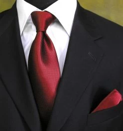 100% Woven Silk Necktie With Pocket Square - Dark Red