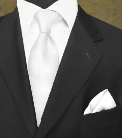 100% Woven Silk Necktie With Pocket Square - White