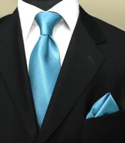 100% Woven Silk Necktie With Pocket Square - Aqua Blue