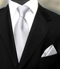 100% Woven Silk Necktie With Pocket Square - Silver