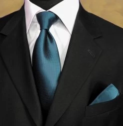 100% Woven Silk Necktie With Pocket Square - Dark Teal