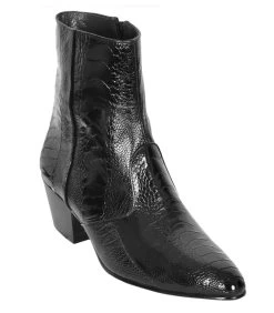 Los Altos Genuine Ostrich Leg Charro Heel Ankle Boot - Black