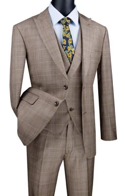 Vinci 2-Button Tan Glenplaid Suit With DB-Vest - Modern Fit