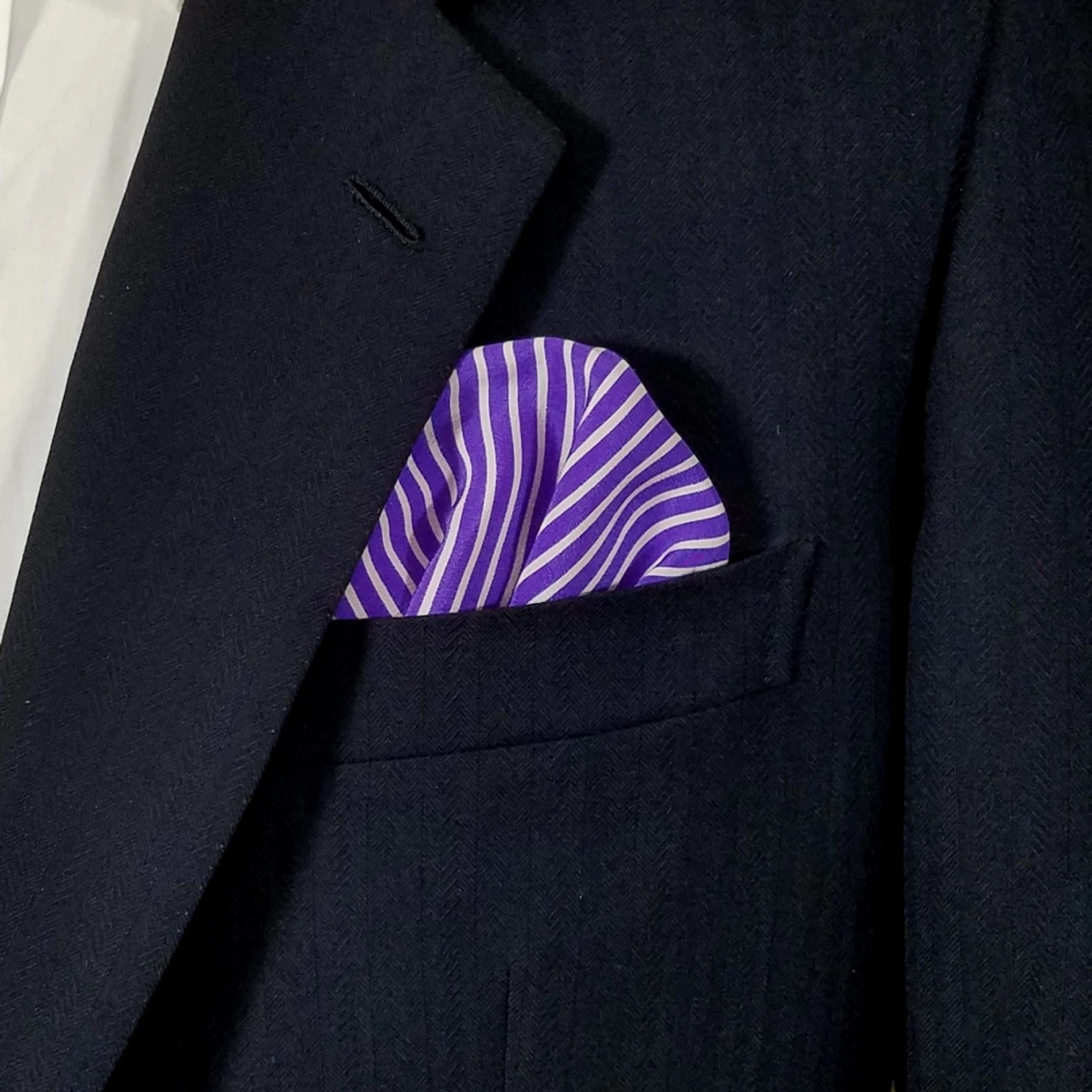 Purple And White Stripe 100% Silk Pre-Folded Pocket Square Insert 1 Purple And White Stripe 100% Silk Pre-Folded Pocket Square Insert
