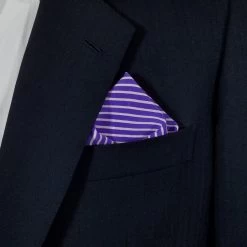 Purple And White Stripe 100% Silk Pre-Folded Point Pocket Square Insert
