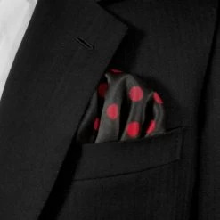 Red Dots On Black 100% Silk Pre-Folded Pocket Square Insert