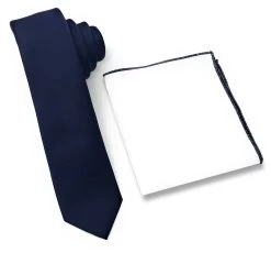 Antonia 100% Silk Tie W/Matching Trimmed Pocket Square - Navy