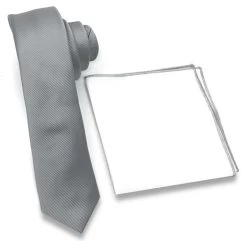Antonia 100% Silk Tie W/Matching Trimmed Pocket Square - Grey