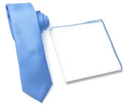 Antonia 100% Silk Tie W/Matching Trimmed Pocket Square - Sky Blue
