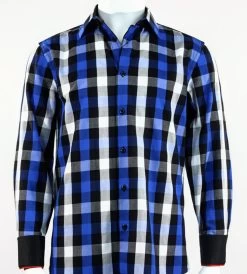 St. Cado Black, White & Blue Check Contrasting Cuff Fashion Sport Shirt - Button Cuff