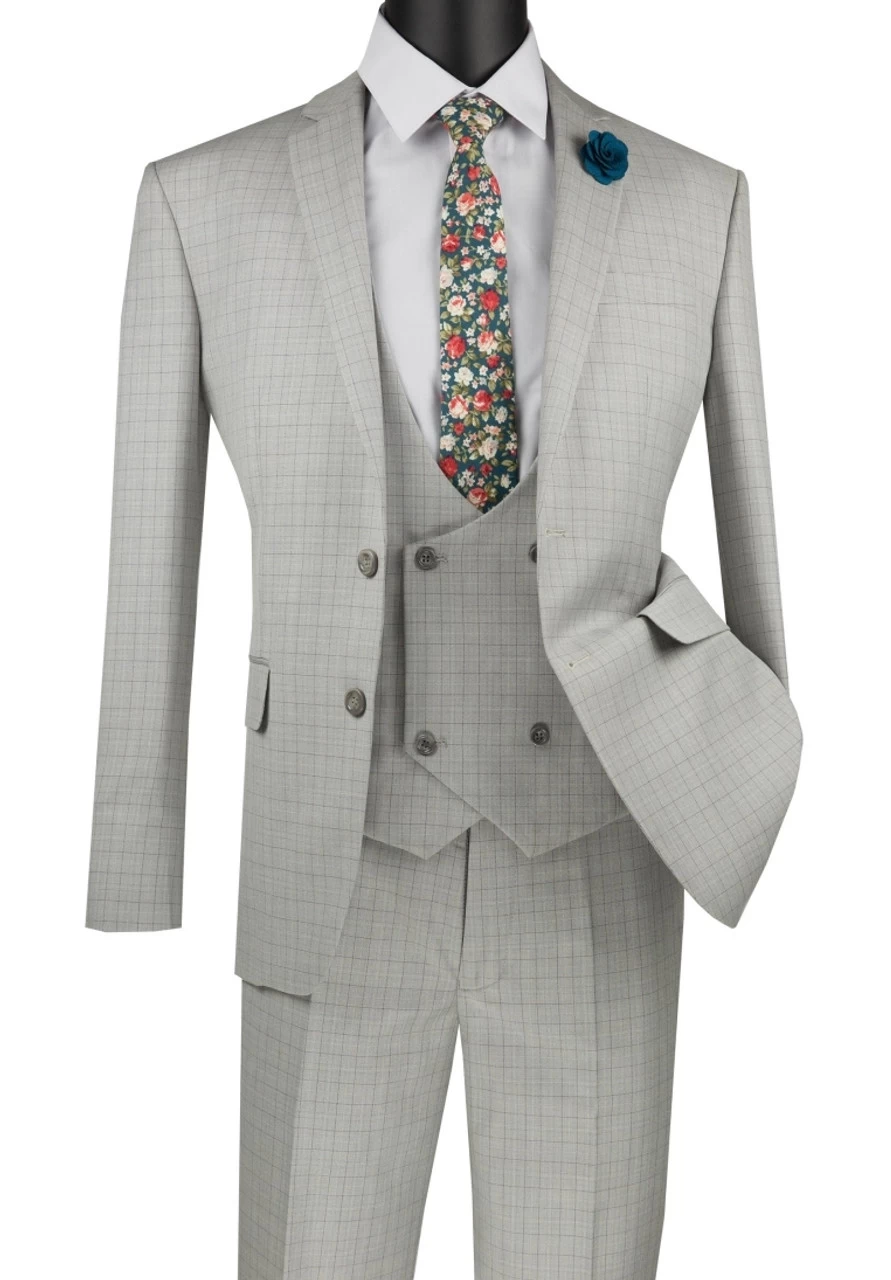 Vinci 2-Button Light Grey Windowpane Suit With Low-Cut Vest - Slim Fit