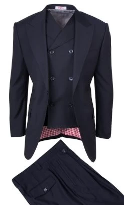 Tiglio Wide Leg Vested Italian Wool Suit - Navy