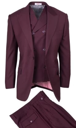 Tiglio Wide Leg Vested Italian Wool Suit - Burgundy
