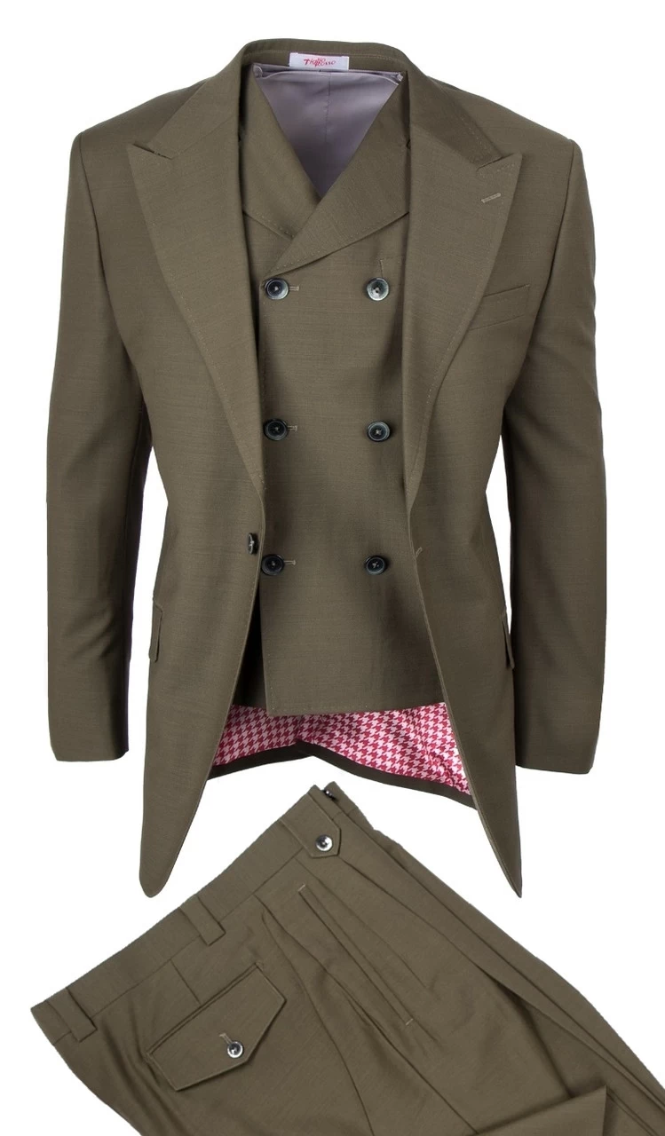 Tiglio Wide Leg Vested Italian Wool Suit - Olive 1 Tiglio Wide Leg Vested Italian Wool Suit - Olive