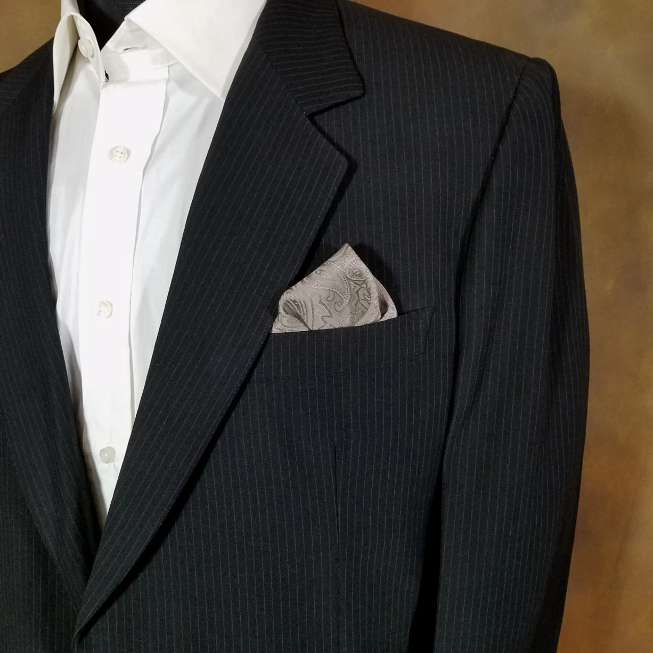 100% Silk Pre-Folded Point Design Pocket Square Insert - Taupe Paisleys 2 100% Silk Pre-Folded Point Design Pocket Square Insert - Taupe Paisleys - Image 2