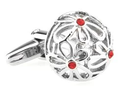 Domed Flowers With Small Red Crystals Cufflinks (V-CF-C61599R)