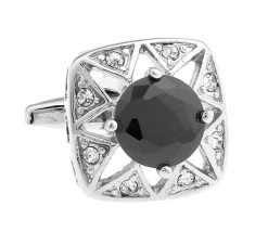 Large Round Black Crystal Silver Cufflinks (V-CF-C63948B-S)