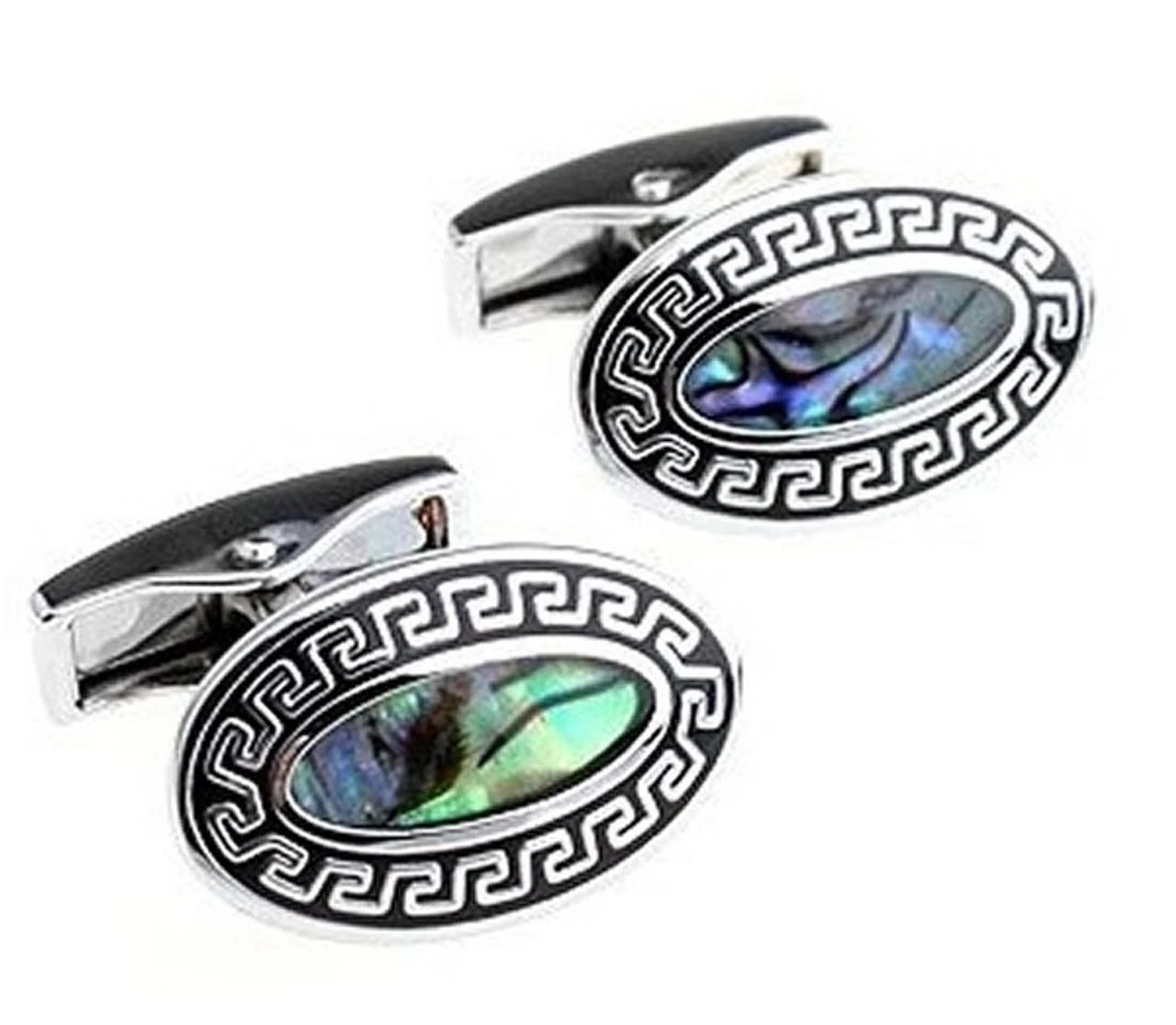 Oval Abalone Shell With Greek Key Design Cufflinks (V-CF-S506S) 1 Oval Abalone Shell With Greek Key Design Cufflinks (V-CF-S506S)