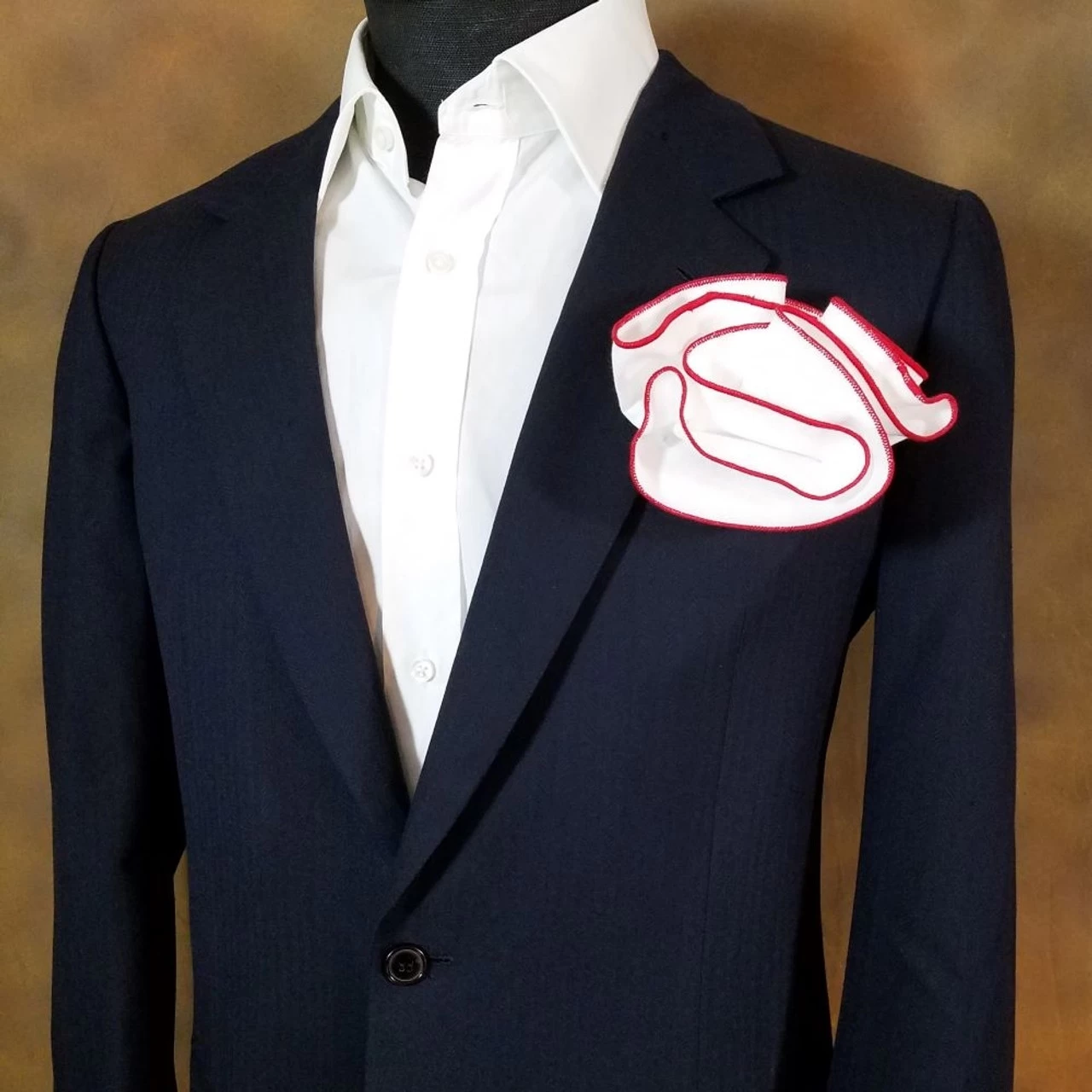 100% Cotton White 2-in-1 Pouf Round Pocket Square With Red Trim 1 100% Cotton White 2-in-1 Pouf Round Pocket Square With Red Trim