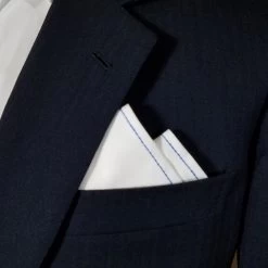 Blue Stitch On White 100% Cotton Pre-Folded Pocket Square Handkerchief Insert