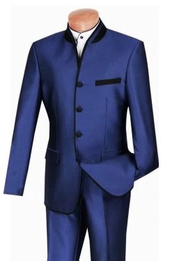 Vinci Blue Banded Collar Two-Tone Fashion Suit - Slim Fit