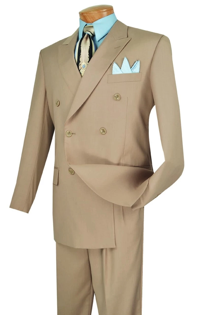 Vinci Beige Double-Breasted Suit With Pleated Slacks