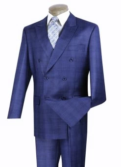 Vinci Blue Glenplaid Double-Breasted Suit With Pleated Slacks