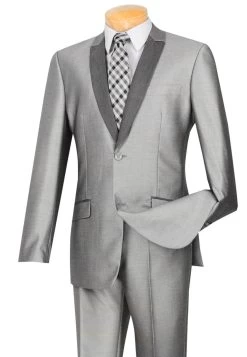 Vinci Sheened Grey Contrasting Notched Shawl Collar Suit - Slim Fit