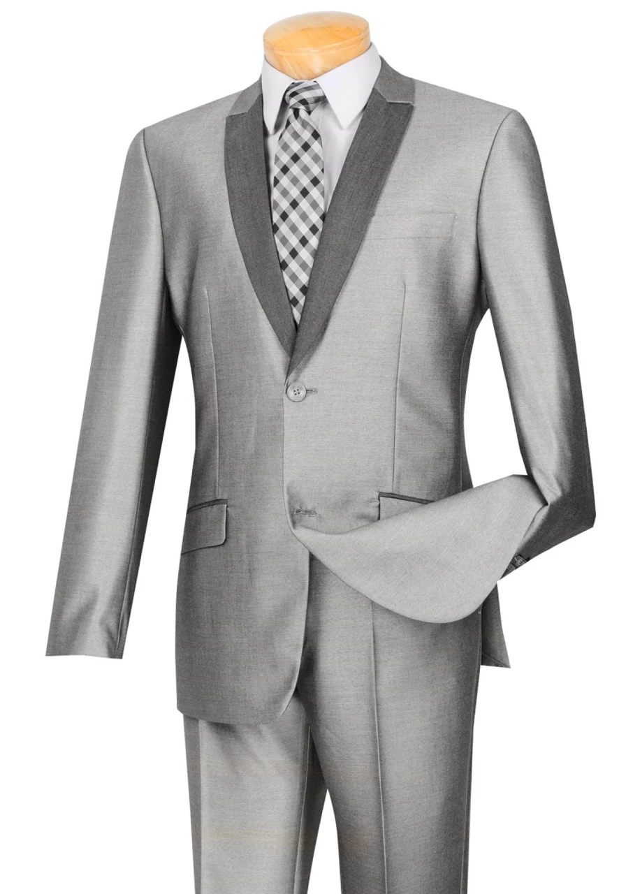 Vinci Sheened Grey Contrasting Notched Shawl Collar Suit - Slim Fit