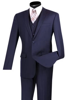 Vinci 2-Button Navy Suit With Vest - Slim Fit