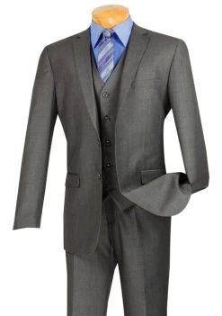 Vinci 2-Button Heather Grey Suit With Vest - Slim Fit