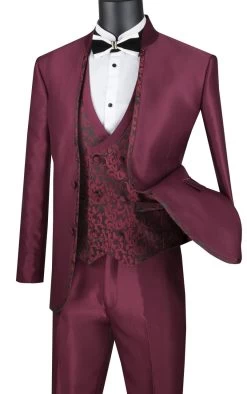 Vinci 3 Piece Collar-less Floral Pattern Vested Fancy Suit - Burgundy