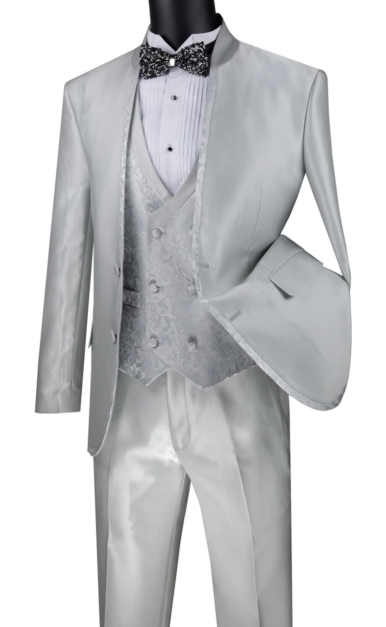 Vinci 3 Piece Collar-less Floral Pattern Vested Fancy Suit - Silver