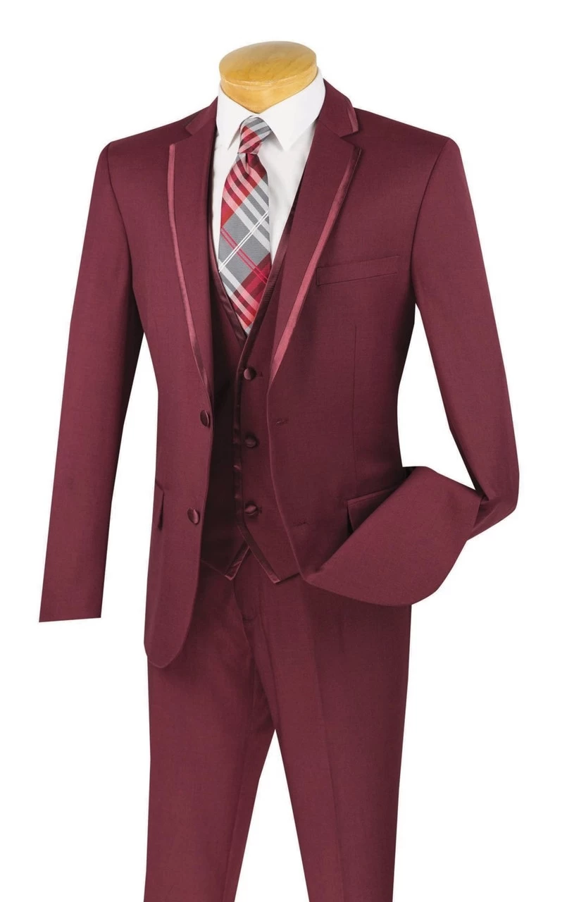 Vinci 2-Button Trimmed Burgundy Suit With Vest - Slim Fit 1 Vinci 2-Button Trimmed Burgundy Suit With Vest - Slim Fit