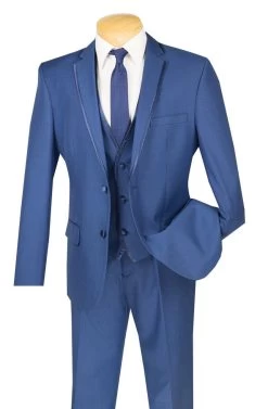 Vinci 2-Button Trimmed Blue Suit With Vest - Slim Fit