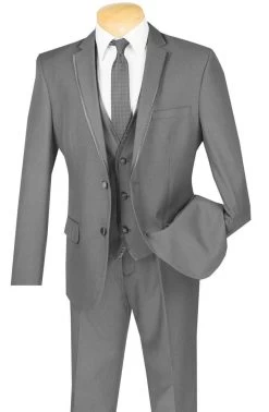 Vinci 2-Button Trimmed Grey Suit With Vest - Slim Fit