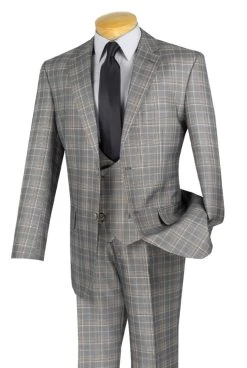 Vinci 2-Button Glenplaid With Low Cut Vest Suit - Grey