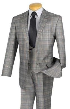 Vinci 2-Button Grey Glenplaid Suit With Low-Cut Vest